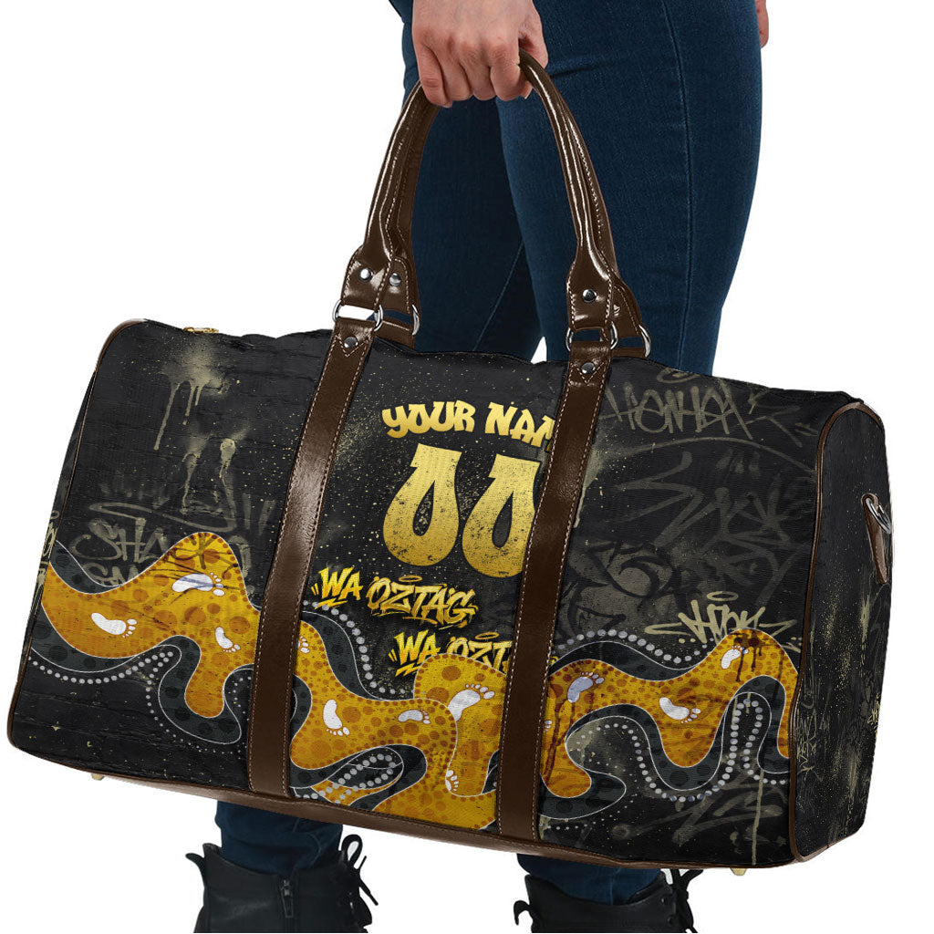 Personalised Western Australia Oztag Swan Travel Bag Black Gold Graffiti Aboriginal Dot Pattern