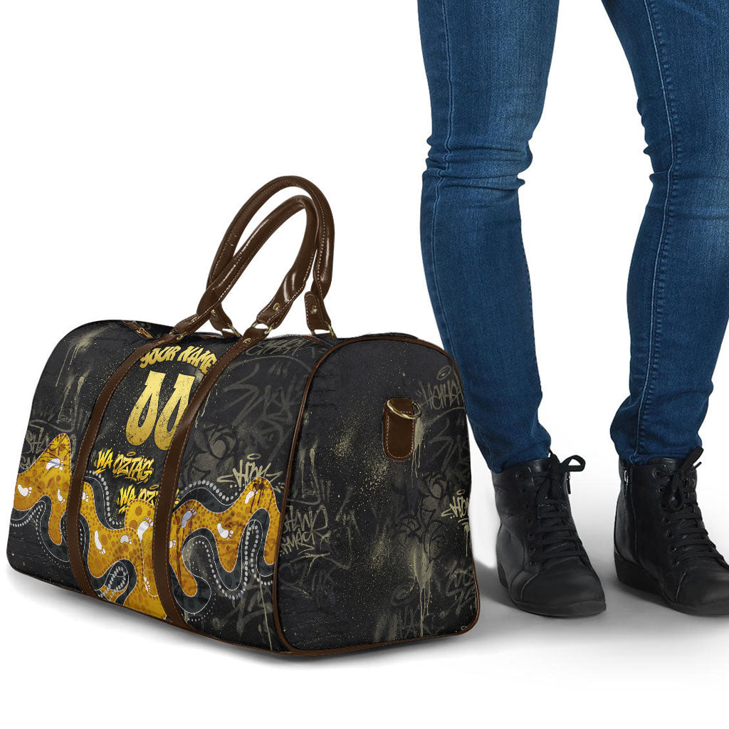 Personalised Western Australia Oztag Swan Travel Bag Black Gold Graffiti Aboriginal Dot Pattern