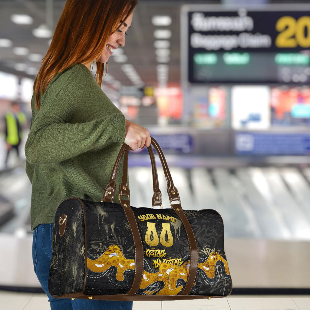 Personalised Western Australia Oztag Swan Travel Bag Black Gold Graffiti Aboriginal Dot Pattern