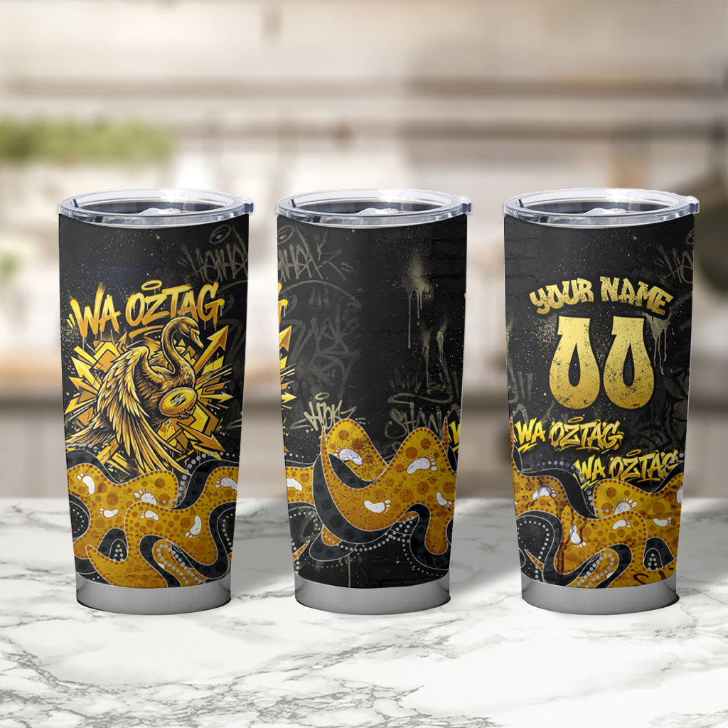 Personalised Western Australia Oztag Swan Tumbler Cup Black Gold Graffiti Aboriginal Dot Pattern