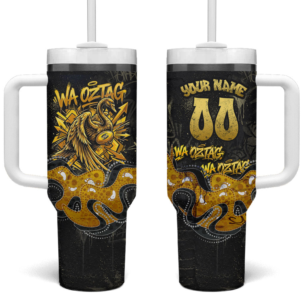 Personalised Western Australia Oztag Swan Tumbler With Handle Black Gold Graffiti Aboriginal Dot Pattern