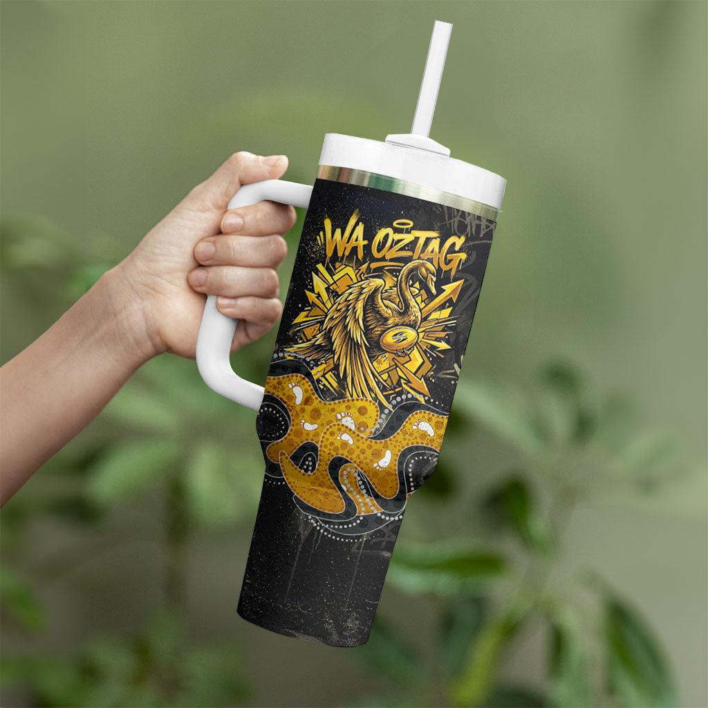 Personalised Western Australia Oztag Swan Tumbler With Handle Black Gold Graffiti Aboriginal Dot Pattern