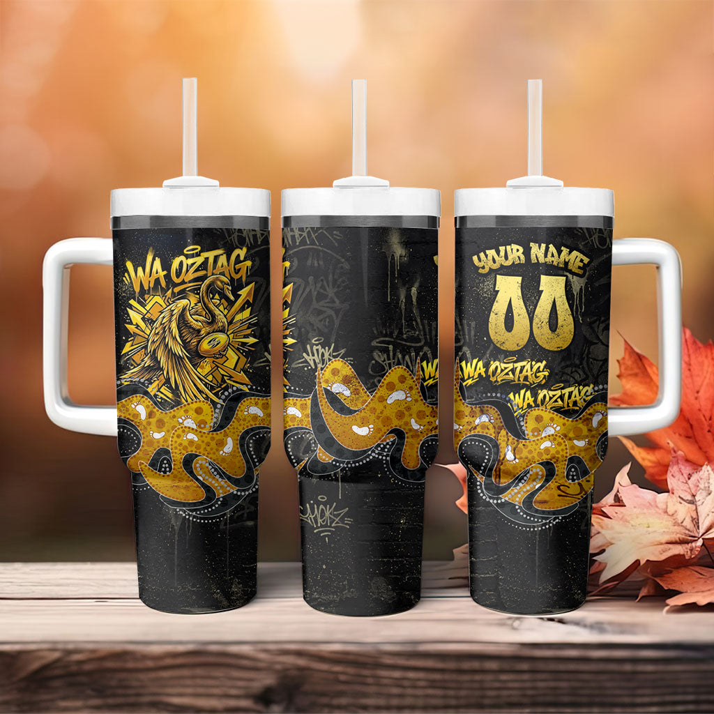 Personalised Western Australia Oztag Swan Tumbler With Handle Black Gold Graffiti Aboriginal Dot Pattern
