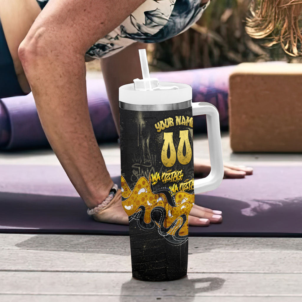 Personalised Western Australia Oztag Swan Tumbler With Handle Black Gold Graffiti Aboriginal Dot Pattern