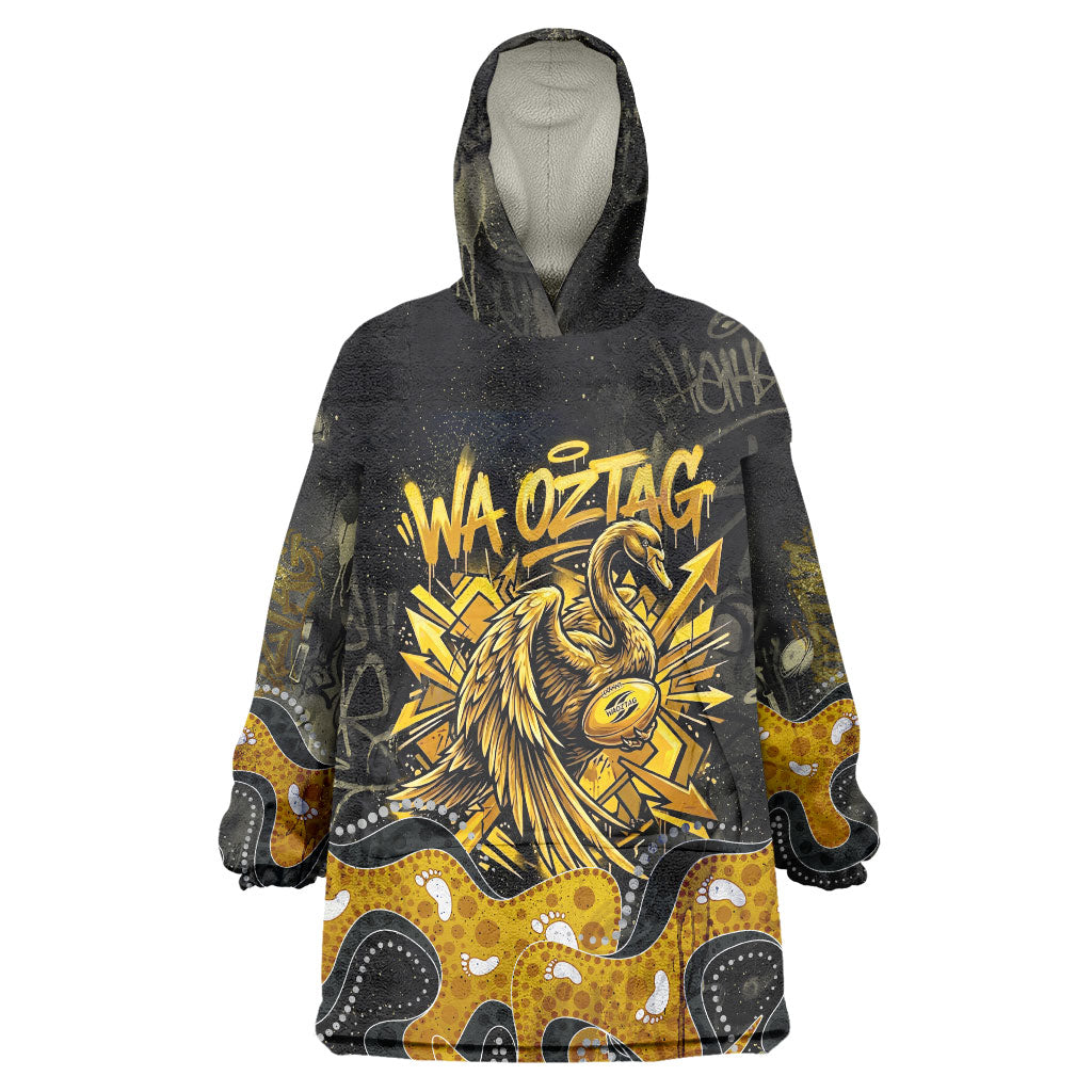 Personalised Western Australia Oztag Swan Wearable Blanket Hoodie Black Gold Graffiti Aboriginal Dot Pattern