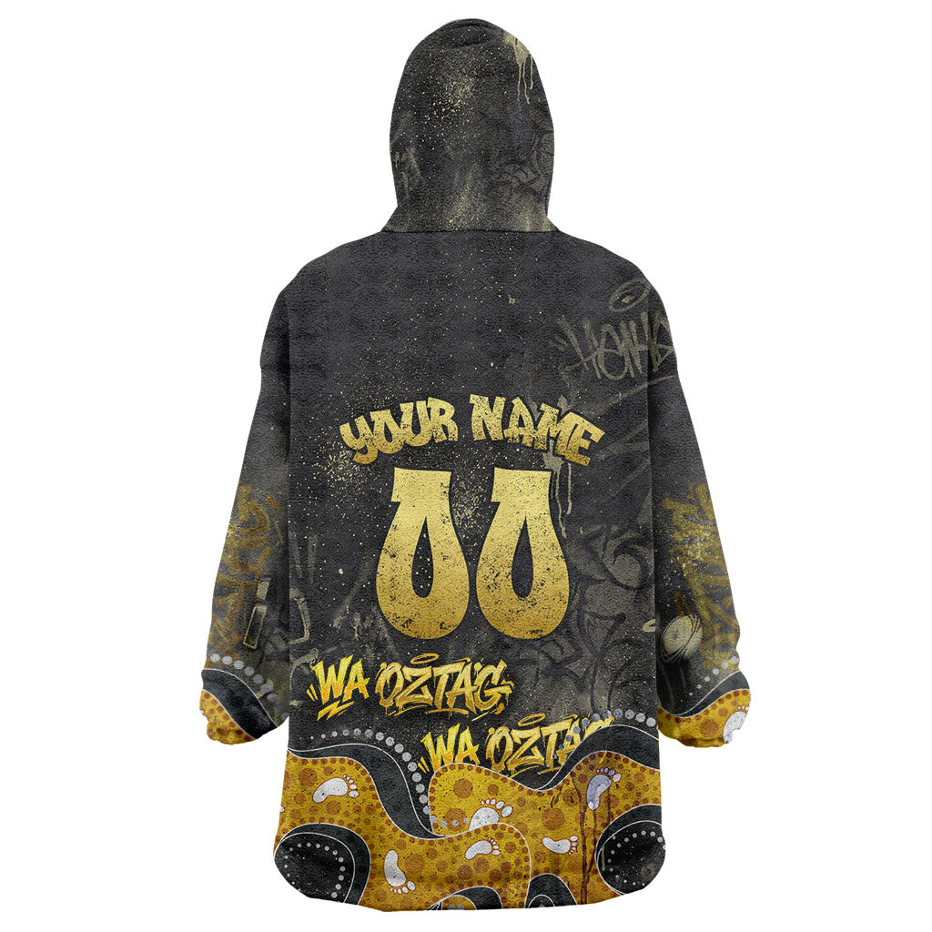 Personalised Western Australia Oztag Swan Wearable Blanket Hoodie Black Gold Graffiti Aboriginal Dot Pattern