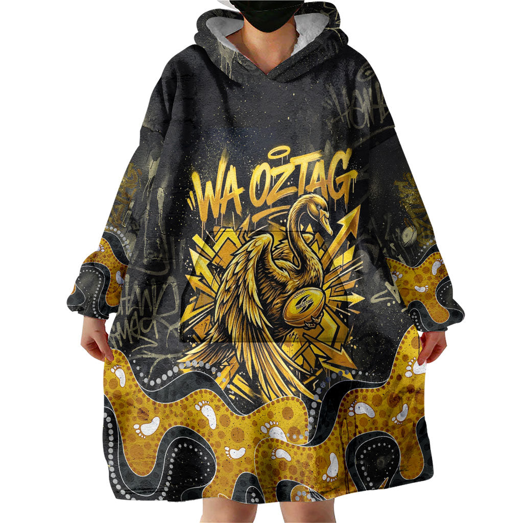 Personalised Western Australia Oztag Swan Wearable Blanket Hoodie Black Gold Graffiti Aboriginal Dot Pattern