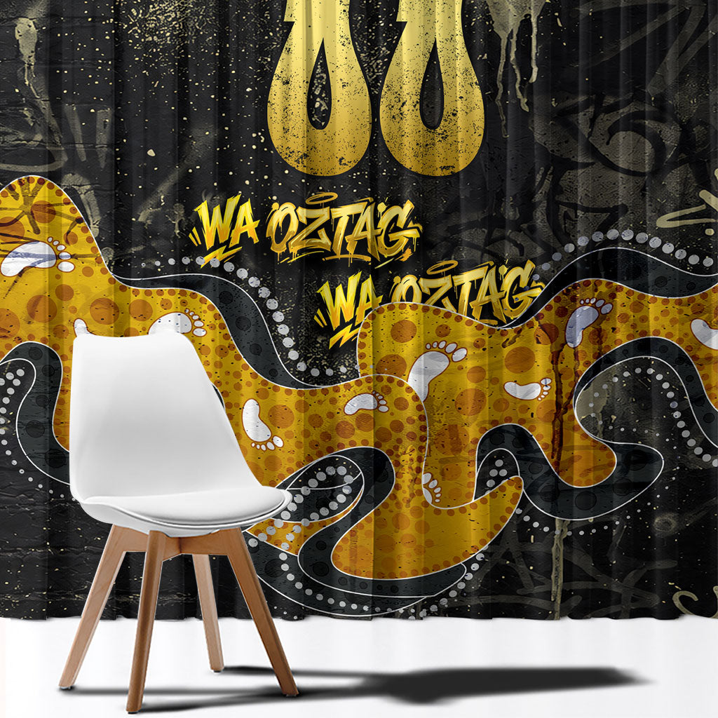 Personalised Western Australia Oztag Swan Window Curtain Black Gold Graffiti Aboriginal Dot Pattern