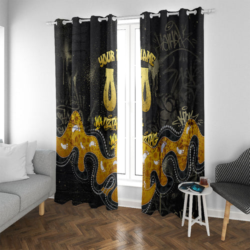 Personalised Western Australia Oztag Swan Window Curtain Black Gold Graffiti Aboriginal Dot Pattern