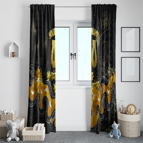 Personalised Western Australia Oztag Swan Window Curtain Black Gold Graffiti Aboriginal Dot Pattern