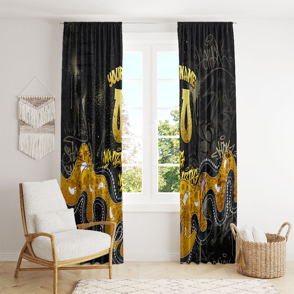 Personalised Western Australia Oztag Swan Window Curtain Black Gold Graffiti Aboriginal Dot Pattern