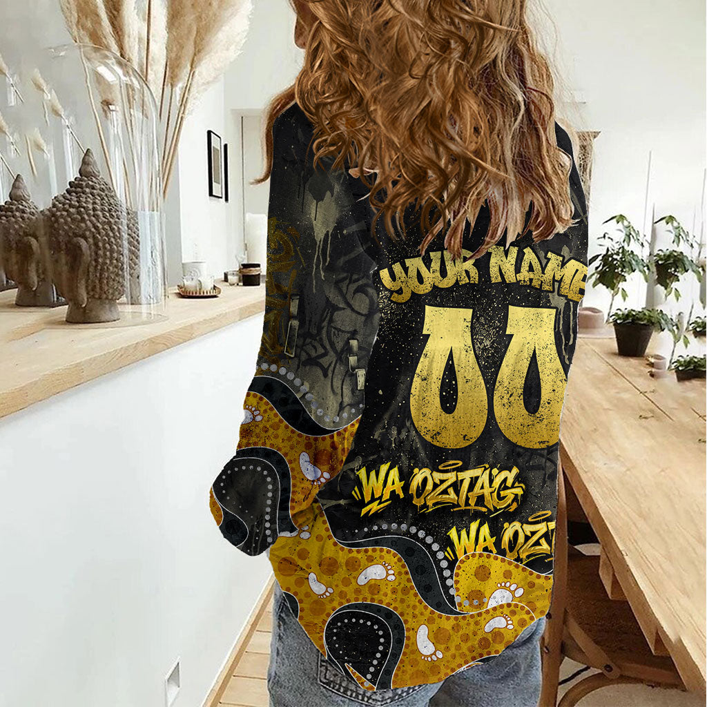 Personalised Western Australia Oztag Swan Women Casual Shirt Black Gold Graffiti Aboriginal Dot Pattern