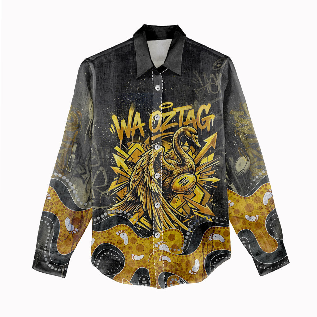 Personalised Western Australia Oztag Swan Women Casual Shirt Black Gold Graffiti Aboriginal Dot Pattern
