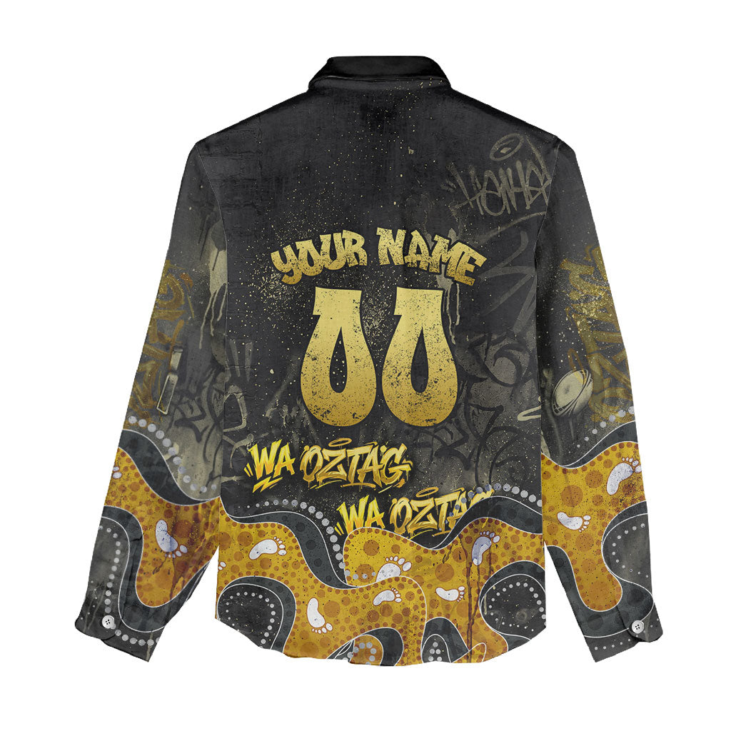 Personalised Western Australia Oztag Swan Women Casual Shirt Black Gold Graffiti Aboriginal Dot Pattern