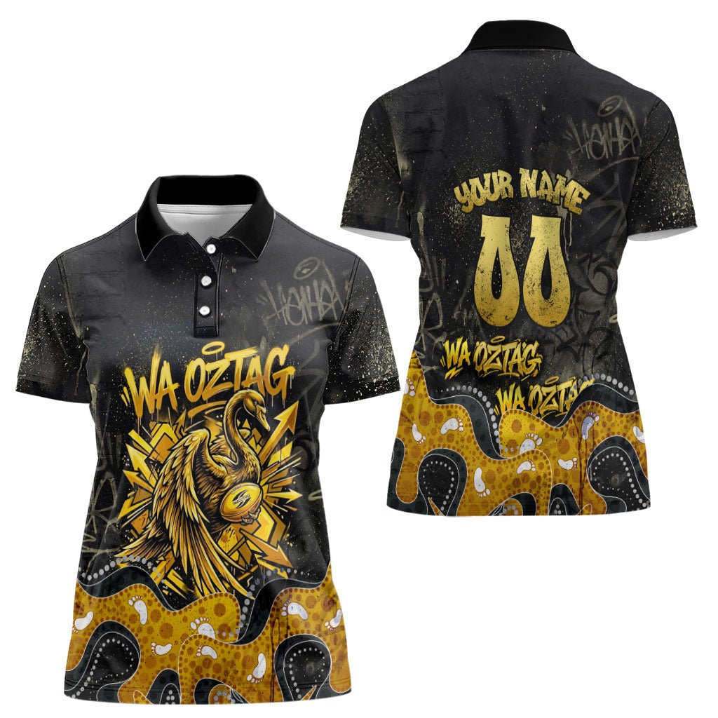 Personalised Western Australia Oztag Swan Women Polo Shirt Black Gold Graffiti Aboriginal Dot Pattern