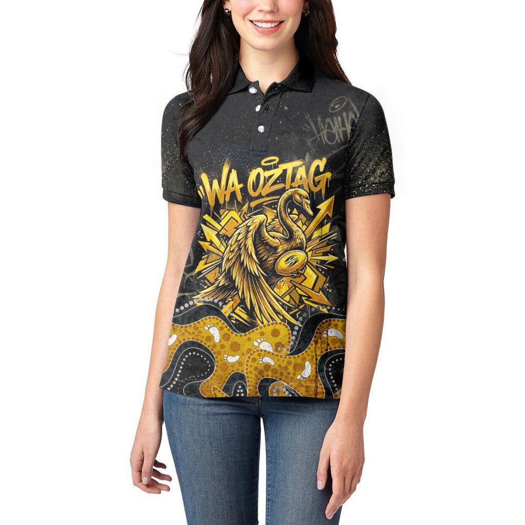 Personalised Western Australia Oztag Swan Women Polo Shirt Black Gold Graffiti Aboriginal Dot Pattern