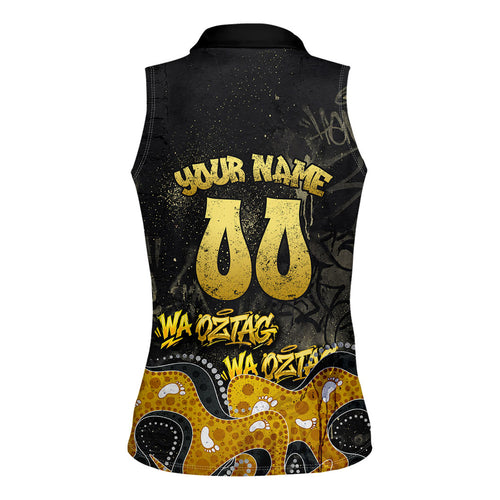 Personalised Western Australia Oztag Swan Women Sleeveless Polo Shirt Black Gold Graffiti Aboriginal Dot Pattern