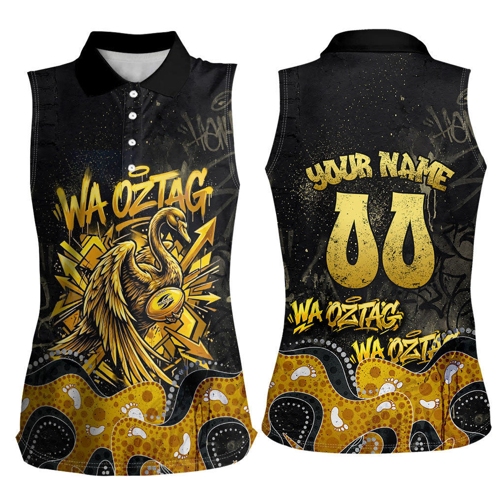 Personalised Western Australia Oztag Swan Women Sleeveless Polo Shirt Black Gold Graffiti Aboriginal Dot Pattern