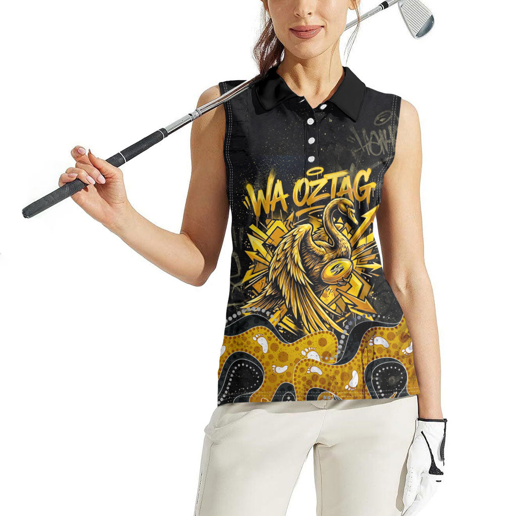 Personalised Western Australia Oztag Swan Women Sleeveless Polo Shirt Black Gold Graffiti Aboriginal Dot Pattern