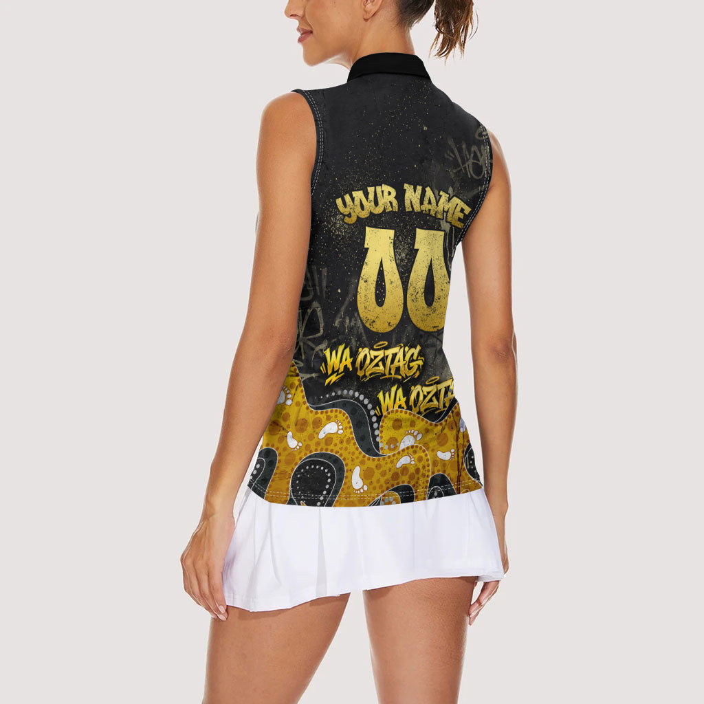 Personalised Western Australia Oztag Swan Women Sleeveless Polo Shirt Black Gold Graffiti Aboriginal Dot Pattern