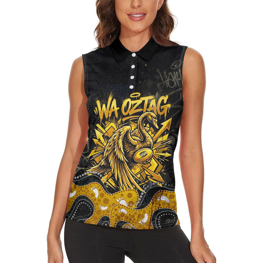 Personalised Western Australia Oztag Swan Women Sleeveless Polo Shirt Black Gold Graffiti Aboriginal Dot Pattern