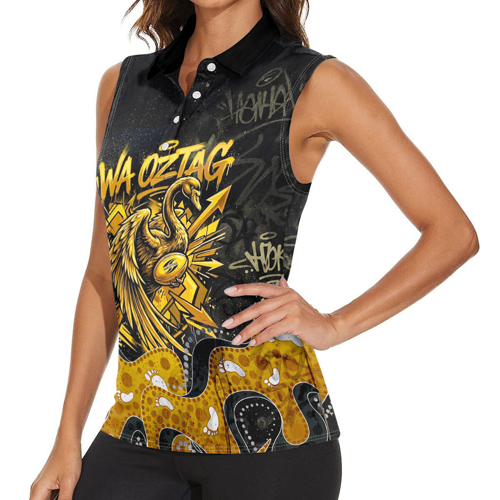 Personalised Western Australia Oztag Swan Women Sleeveless Polo Shirt Black Gold Graffiti Aboriginal Dot Pattern