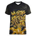 Personalised Western Australia Oztag Swan Women V-Neck T-Shirt Black Gold Graffiti Aboriginal Dot Pattern