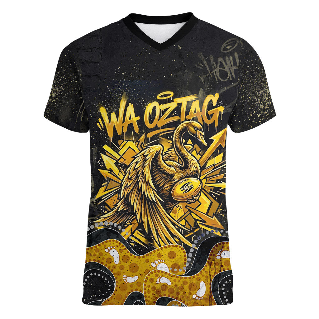 Personalised Western Australia Oztag Swan Women V-Neck T-Shirt Black Gold Graffiti Aboriginal Dot Pattern