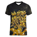 Personalised Western Australia Oztag Swan Women V-Neck T-Shirt Black Gold Graffiti Aboriginal Dot Pattern
