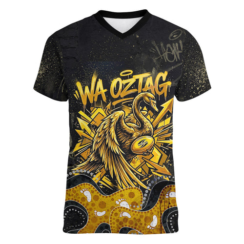 Personalised Western Australia Oztag Swan Women V-Neck T-Shirt Black Gold Graffiti Aboriginal Dot Pattern