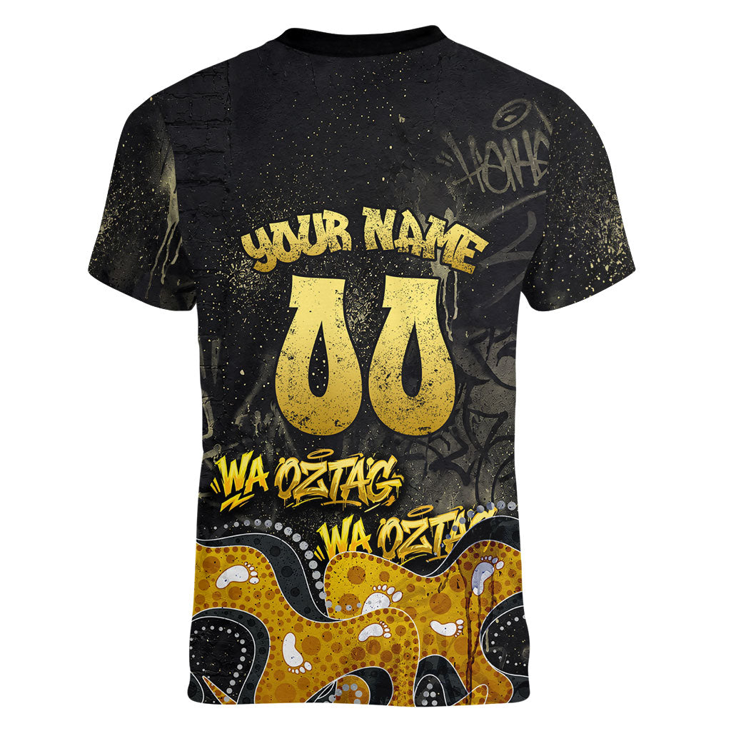 Personalised Western Australia Oztag Swan Women V-Neck T-Shirt Black Gold Graffiti Aboriginal Dot Pattern