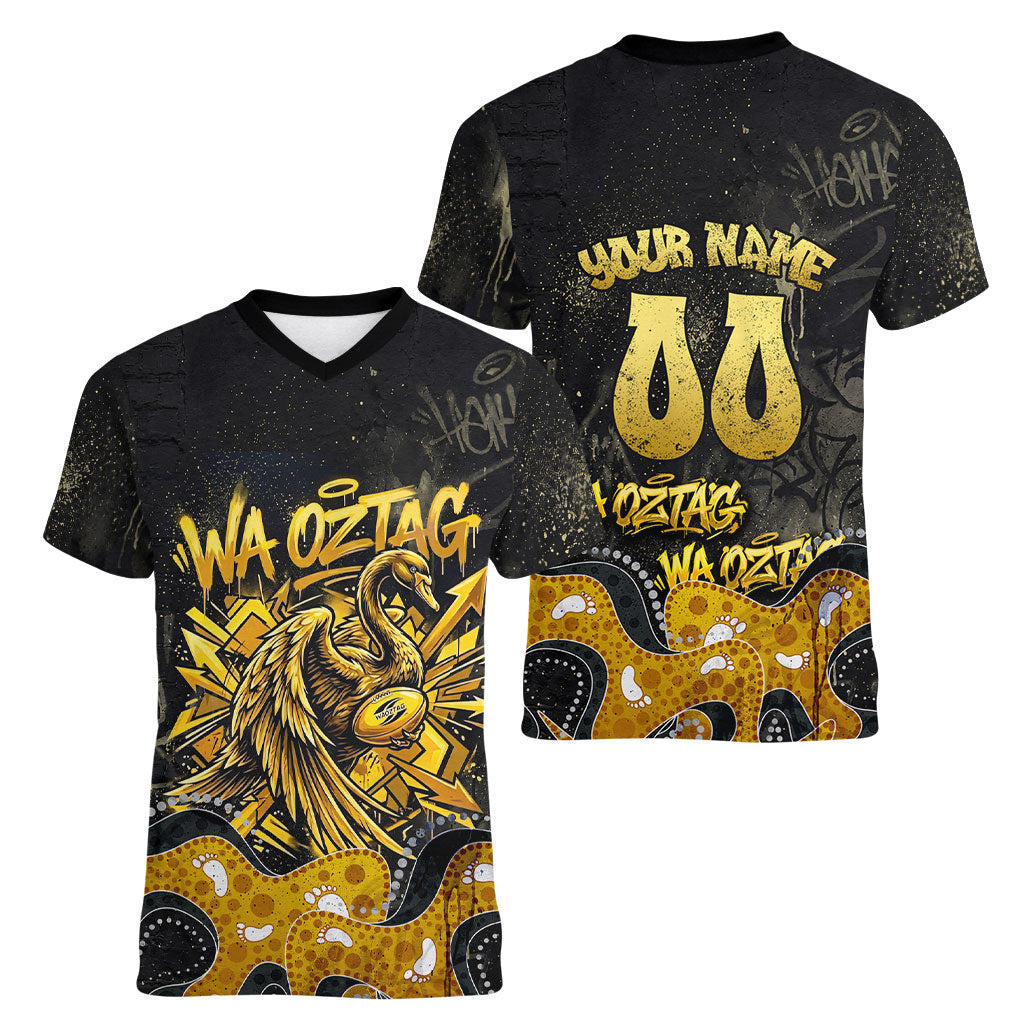 Personalised Western Australia Oztag Swan Women V-Neck T-Shirt Black Gold Graffiti Aboriginal Dot Pattern