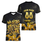 Personalised Western Australia Oztag Swan Women V-Neck T-Shirt Black Gold Graffiti Aboriginal Dot Pattern