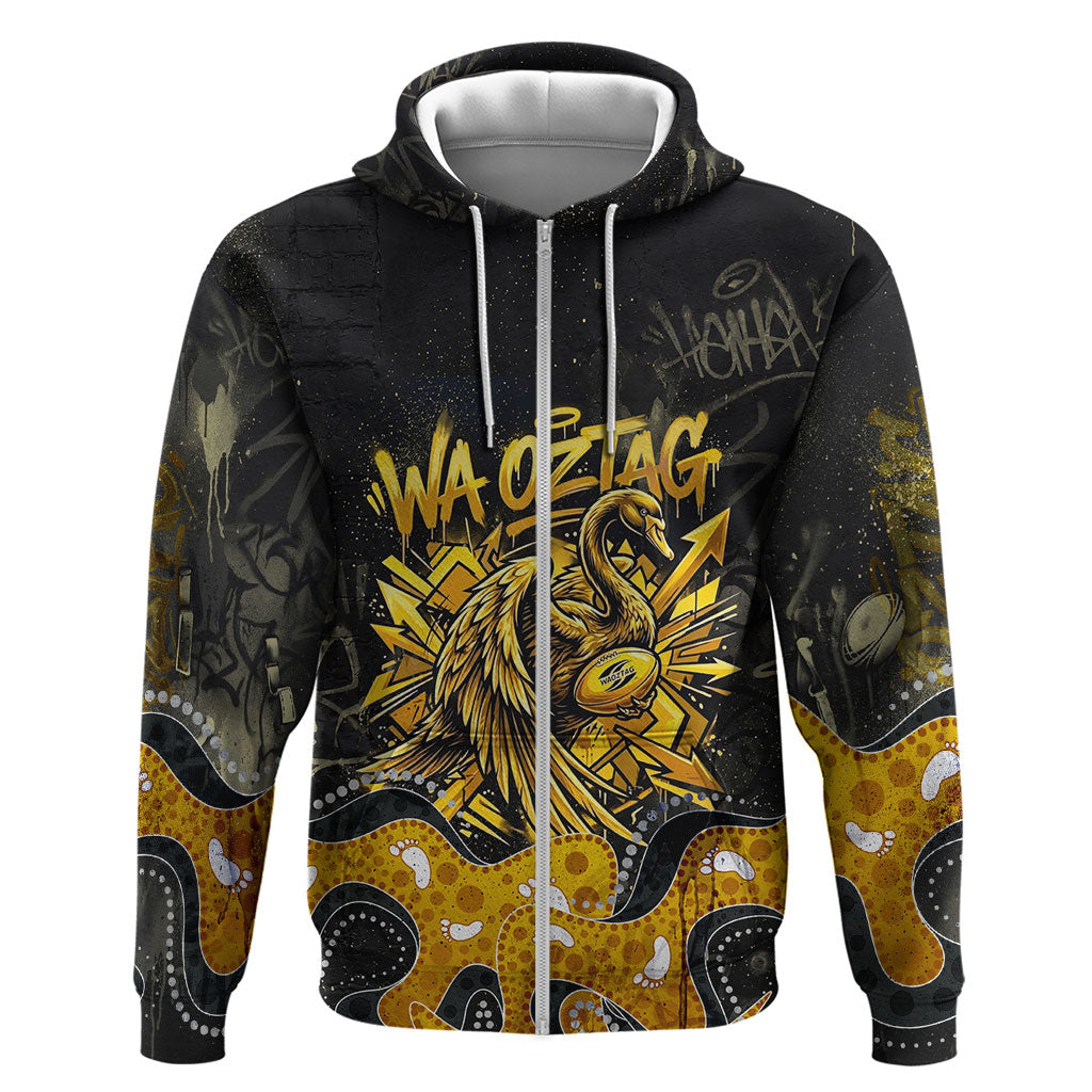 Personalised Western Australia Oztag Swan Zip Hoodie Black Gold Graffiti Aboriginal Dot Pattern