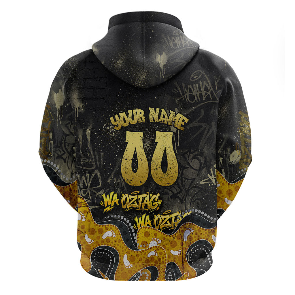 Personalised Western Australia Oztag Swan Zip Hoodie Black Gold Graffiti Aboriginal Dot Pattern