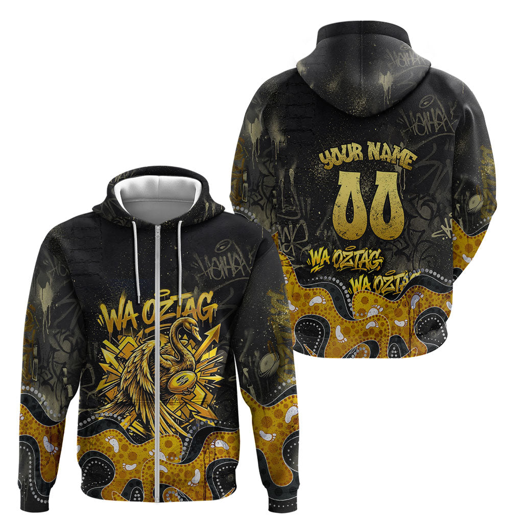 Personalised Western Australia Oztag Swan Zip Hoodie Black Gold Graffiti Aboriginal Dot Pattern