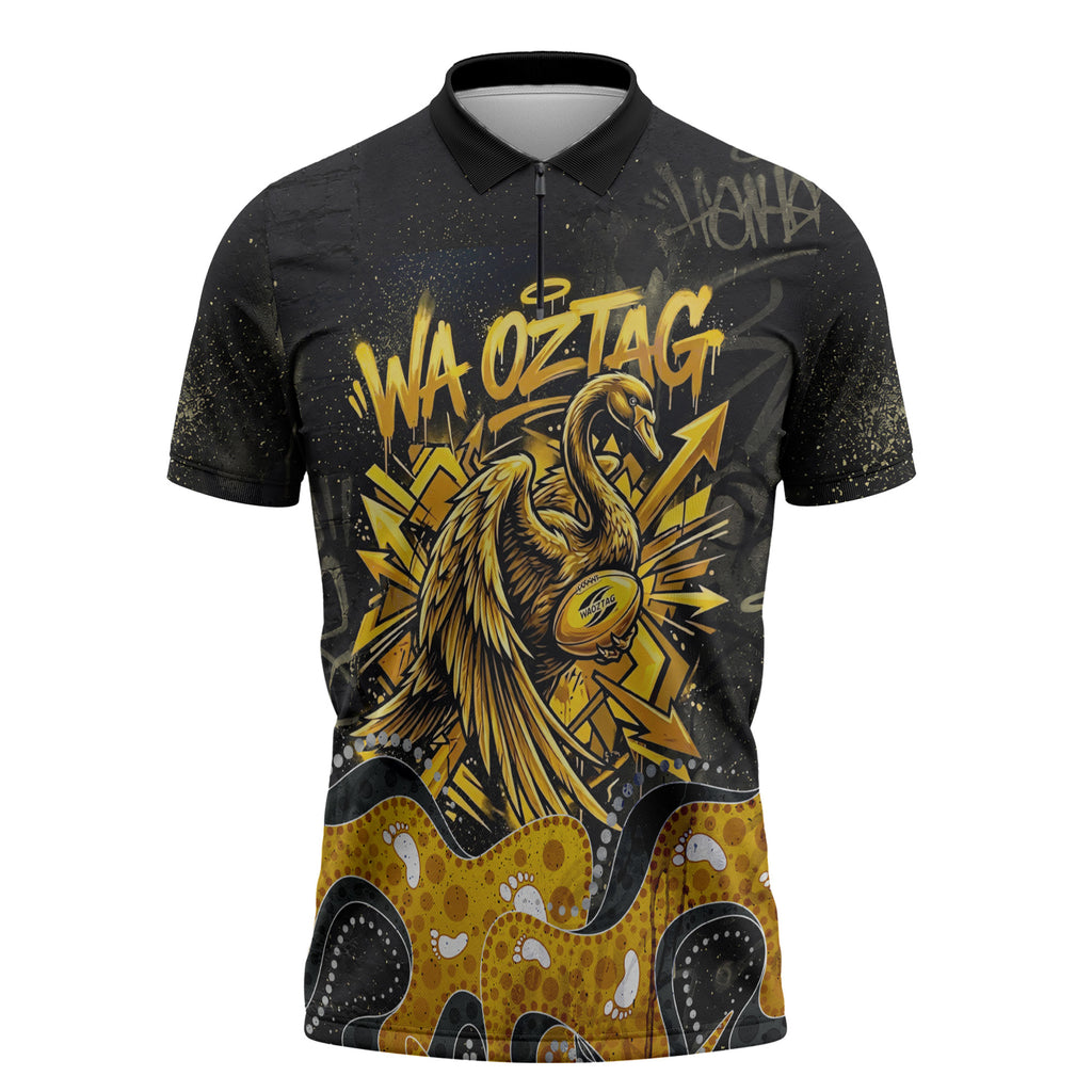Personalised Western Australia Oztag Swan Zipper Polo Shirt Black Gold Graffiti Aboriginal Dot Pattern