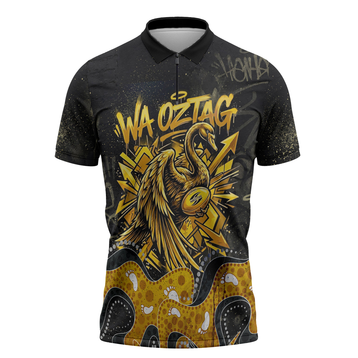Personalised Western Australia Oztag Swan Zipper Polo Shirt Black Gold Graffiti Aboriginal Dot Pattern