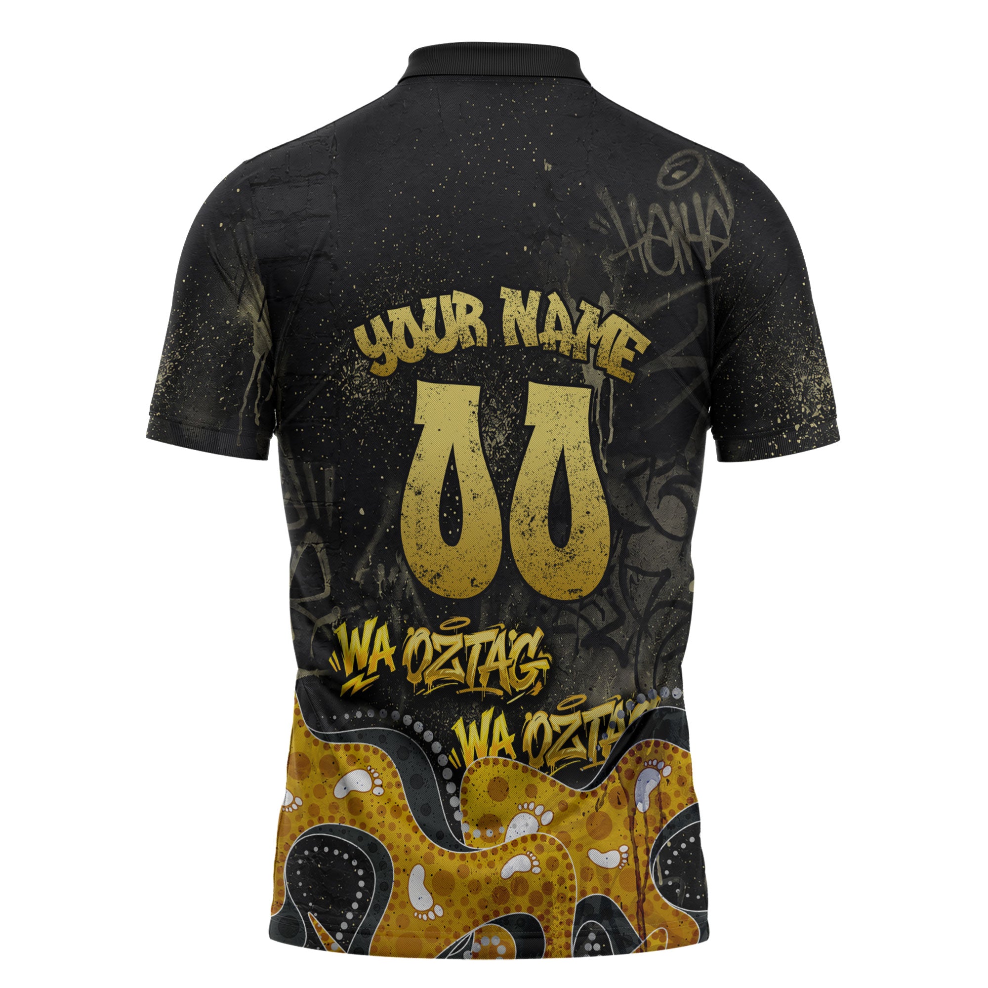Personalised Western Australia Oztag Swan Zipper Polo Shirt Black Gold Graffiti Aboriginal Dot Pattern