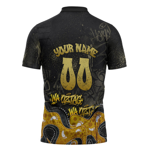 Personalised Western Australia Oztag Swan Zipper Polo Shirt Black Gold Graffiti Aboriginal Dot Pattern