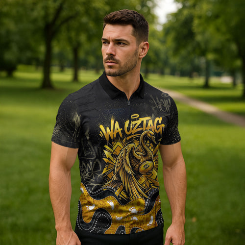 Personalised Western Australia Oztag Swan Zipper Polo Shirt Black Gold Graffiti Aboriginal Dot Pattern