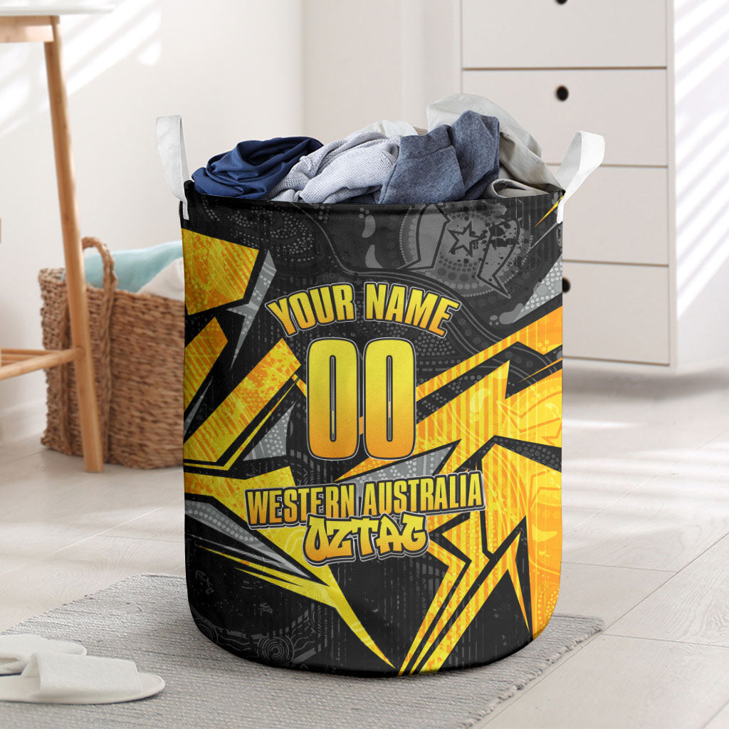 Personalised Western Australia Oztag Swan Laundry Basket Black Gold Geometric Swan Aboriginal