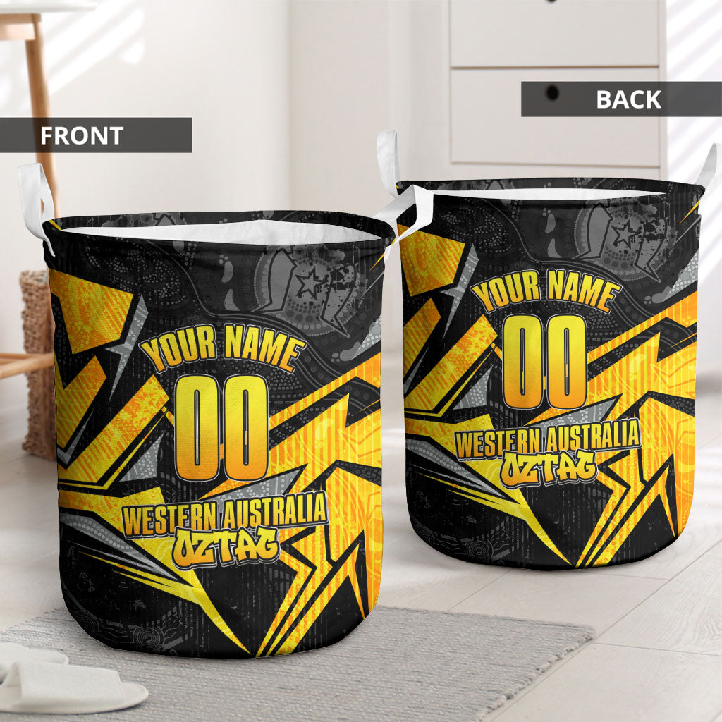 Personalised Western Australia Oztag Swan Laundry Basket Black Gold Geometric Swan Aboriginal