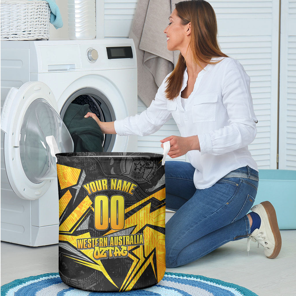 Personalised Western Australia Oztag Swan Laundry Basket Black Gold Geometric Swan Aboriginal