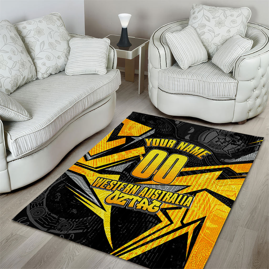 Personalised Western Australia Oztag Swan Area Rug Black Gold Geometric Swan Aboriginal