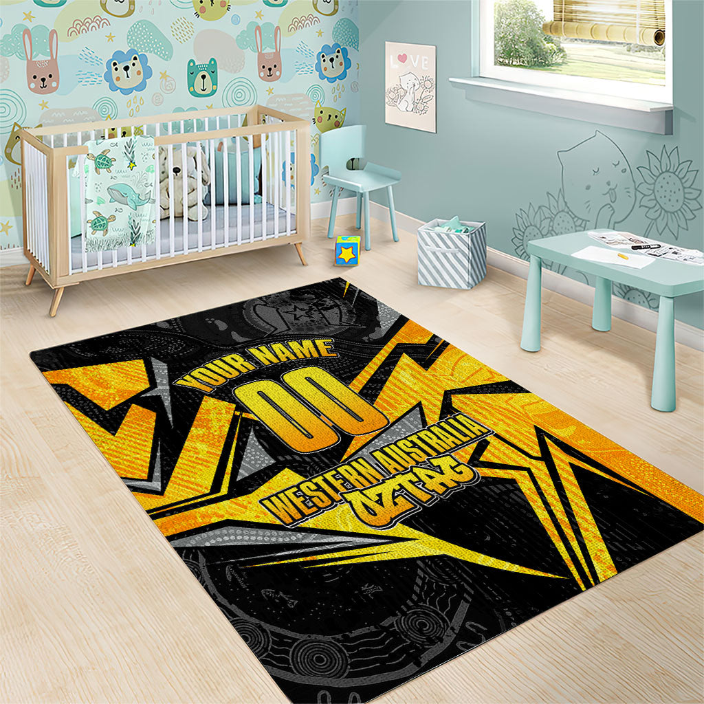 Personalised Western Australia Oztag Swan Area Rug Black Gold Geometric Swan Aboriginal