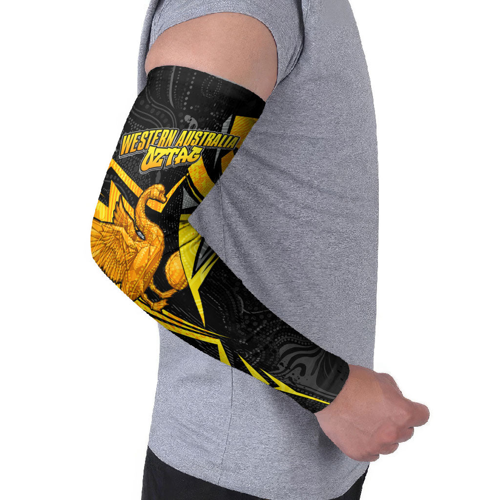 Personalised Western Australia Oztag Swan Arm Sleeves Black Gold Geometric Swan Aboriginal