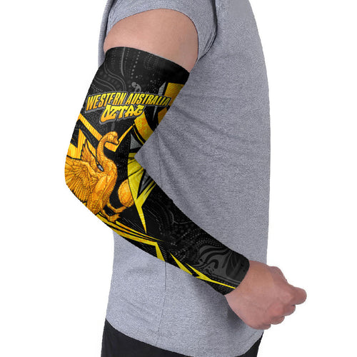 Personalised Western Australia Oztag Swan Arm Sleeves Black Gold Geometric Swan Aboriginal