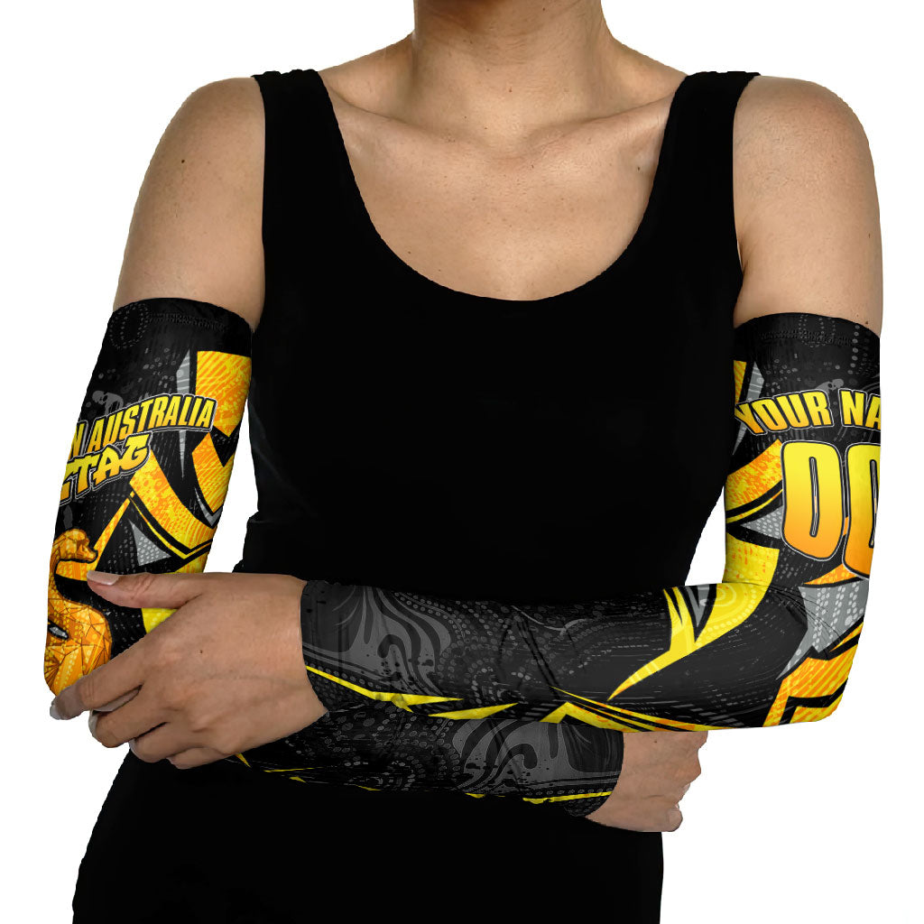 Personalised Western Australia Oztag Swan Arm Sleeves Black Gold Geometric Swan Aboriginal