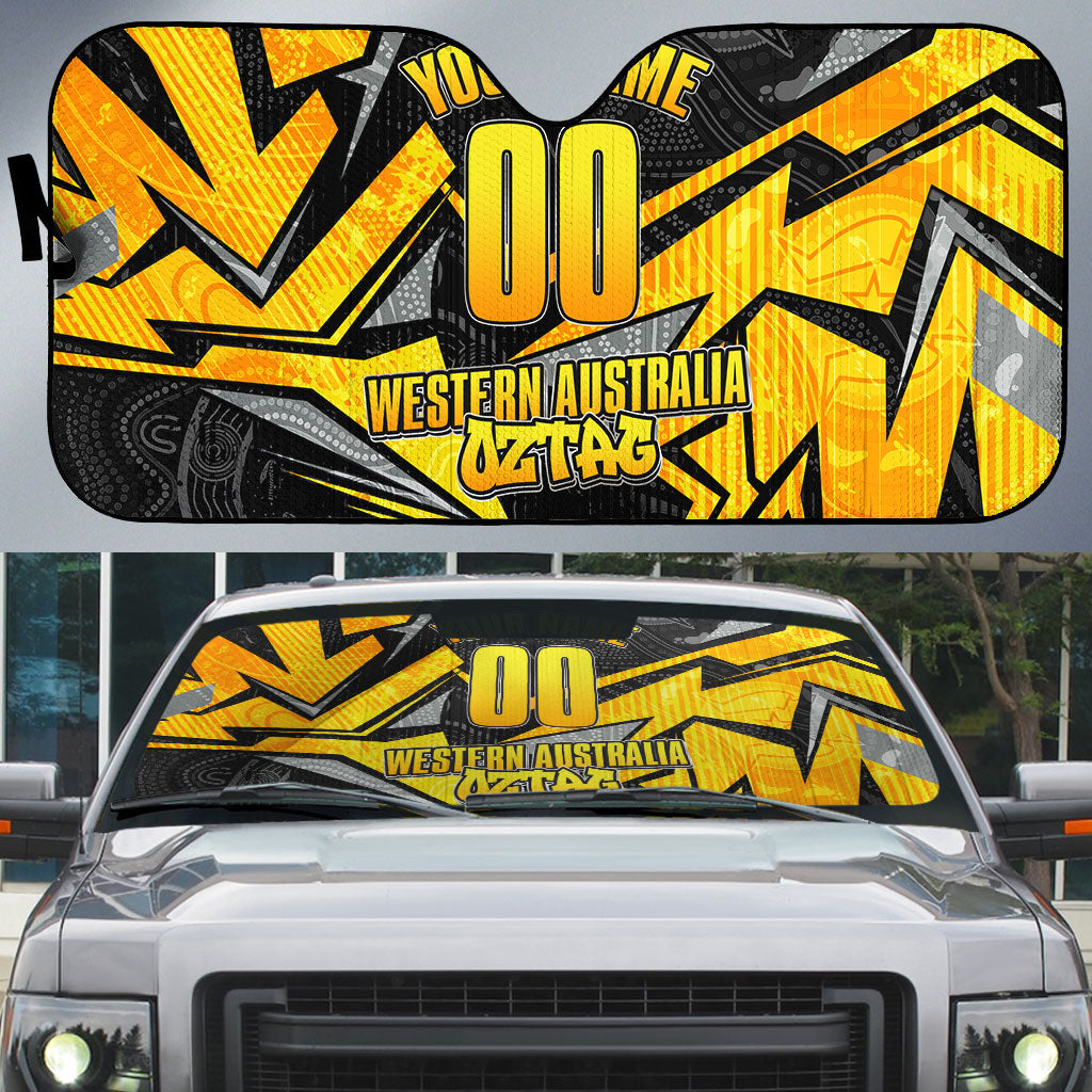 Personalised Western Australia Oztag Swan Auto Sun Shade Black Gold Geometric Swan Aboriginal